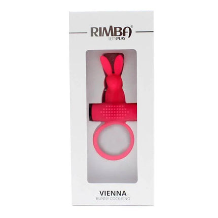 Packaging of Bunny Cock Ring Vienna Pink with a view of the compact, vibrating ring featuring a bunny design for couples.