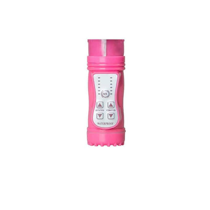 Waterproof pink remote with multiple control buttons for vibration settings.