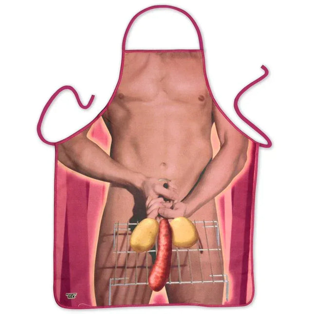 Butifarra Apron with humorous design featuring sausages, perfect for fun cooking and entertaining. Ideal gift for friends and family.