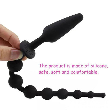 Butt Plug and Anal Chain Silicone Black by A-GUSTO, double anal toy with rounded-tip plug and stimulating chain for secure, soft use.