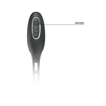 Butt Plug and Penis Ring with Vibration control button with On/Off label, highlighting easy operation for enhanced pleasure.