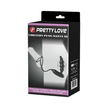 Pretty Love Vibration Penis Sleeve III packaging showing the product design and features.