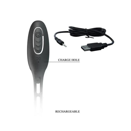 Rechargeable design of the Butt Plug and Penis Ring with Vibration showing charge hole and USB cable