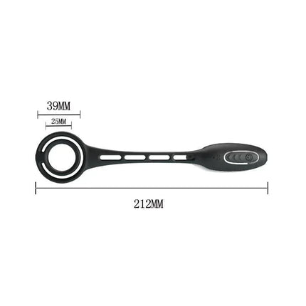 Butt Plug and Penis Ring with Vibration, dual-stimulation design, black color with dimensions, 212mm length