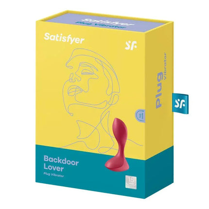 Packaging of Butt Plug Backdoor Lover Red USB-rechargeable anal plug with 12 vibration functions by Satisfyer.