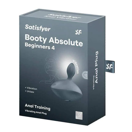Packaging of Butt Plug Booty Absolute Beginners 4 showing the product's features like vibration and unisex design for anal training.
