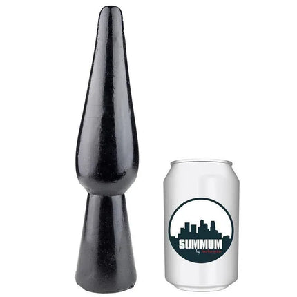 Butt Plug Derato 25 cm next to a soda can for size comparison, featuring a wide base for safety and made from smooth vinyl.