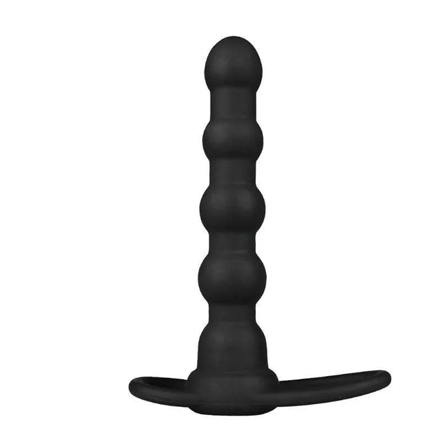 Black Butt Plug Double Prober with Vibration, made from body-safe silicone, featuring a conical tip and double-penetration design.