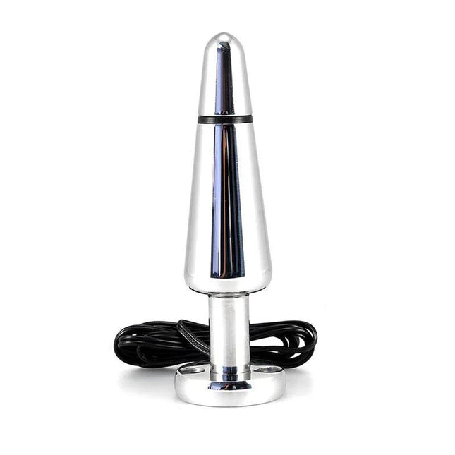 Butt Plug Electro Shock with metallic finish and attached cable for dual-use stimulation in intimate settings.