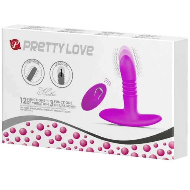 Pretty Love purple butt plug packaging with 12 vibration functions, featuring "Butt Plug Heather Up and Down USB Waterproof"