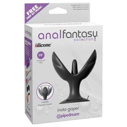 Packaging of Butt Plug Insta-Gaper Black featuring silicone anal plug with expanding arms for comfortable and secure wear.