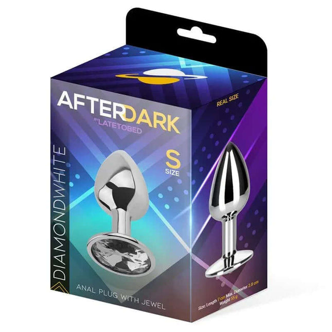 Afterdark Butt Plug with Jewel Diamond White Size S Aluminium in packaging