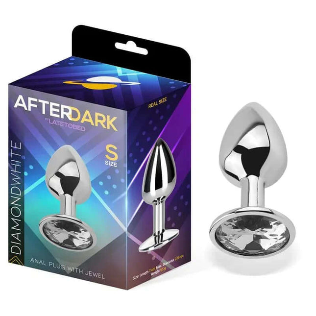 Butt Plug with Jewel Diamond White Size S Aluminium in packaging, premium Afterdark anal plug for beginners and enthusiasts.