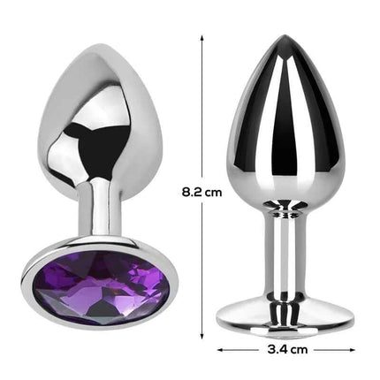 Butt Plug with Jewel Purple Amethyst Size M Aluminium, sleek design, silver finish with purple jewel, dimensions marked 8.2cm by 3.4cm.