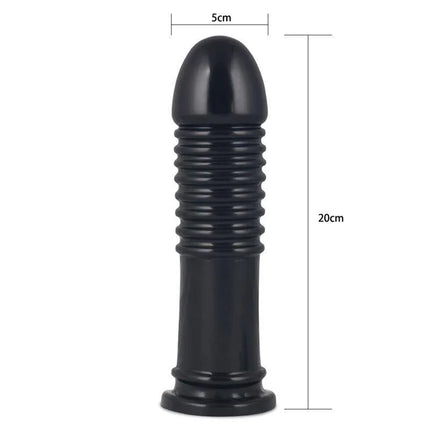 Butt Plug King Sized Anal Bumper 8 Black with ribbed design and dimensions labeled.