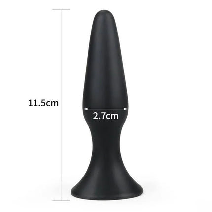 Butt Plug Lure Me Size S Black with measurements shown, ideal for beginners, body-safe silicone, 11.5 cm length, 2.7 cm width.