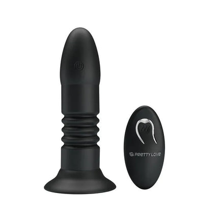 Butt Plug Magic Jinger Up and Down Movement with vibration and periscope motion feature, black color, shown with remote control.