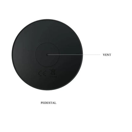 Black circular pedestal base with labeled vent, showcasing design details and quality markings.