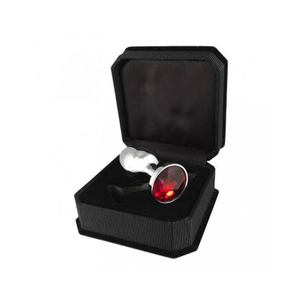 Butt plug, metal-7,3 cm long with red glass topper in black box for enhanced sensuality and luxurious touch.
