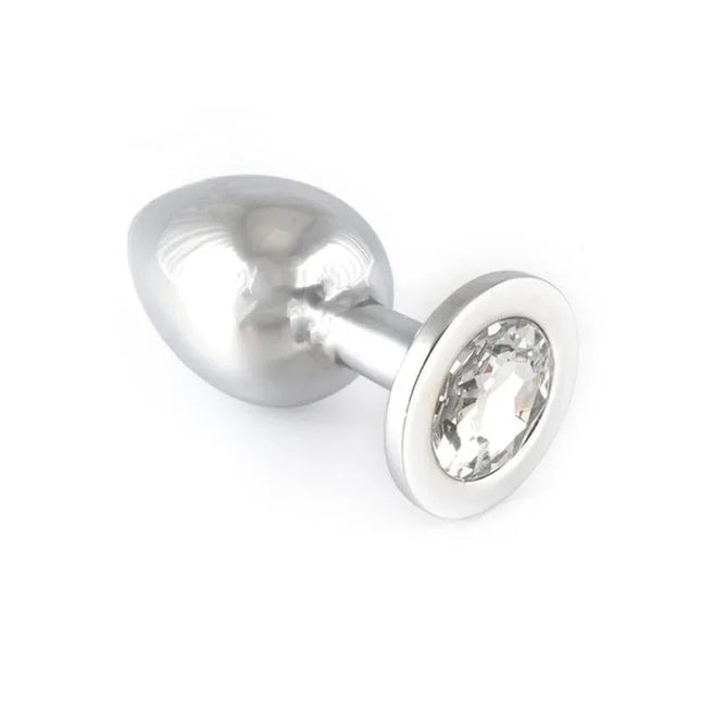 Butt plug, metal-9,7 cm long with glass top, stainless steel design with a transparent glass top for BDSM exploration.