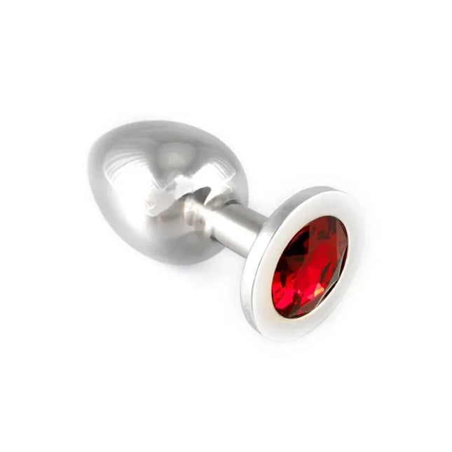 Stainless steel butt plug with red glass top, metal-9,7 cm long, for BDSM and intimate moments. Elegant design and durable material.