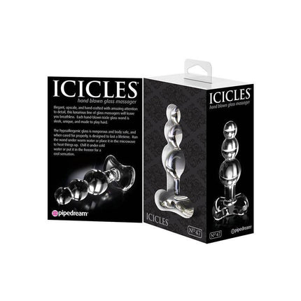 Icicles Butt Plug No. 47 hand-blown glass massager in packaging, elegant design for luxury intimate moments.