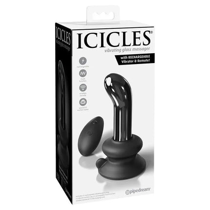 Icicles vibrating glass massager with rechargeable remote, featuring sleek black design, showcased in its retail packaging.