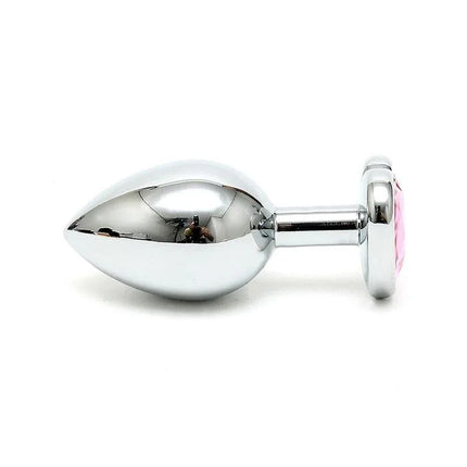 Butt Plug Plated Steel Crystal Heart Pink with pink heart-shaped crystal and silver inox steel construction.