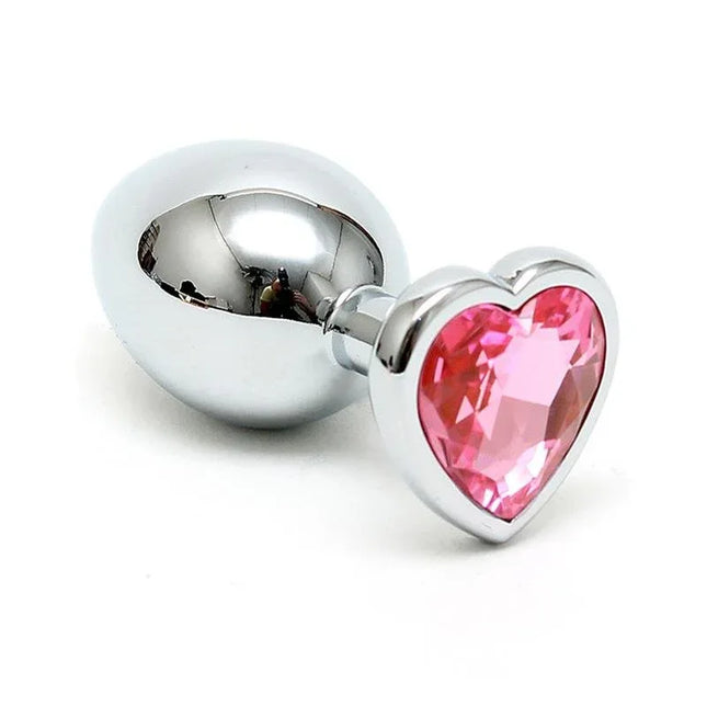 Butt Plug Plated Steel Crystal Heart Pink with silver inox steel and pink heart crystal for intimate enjoyment.
