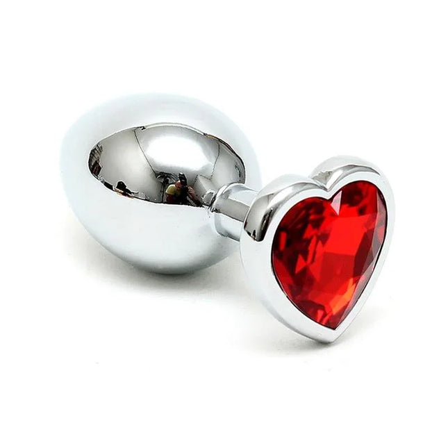 Butt Plug Plated Steel Crystal Heart Red with inox steel design and red heart-shaped crystal.