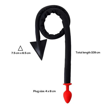Butt Plug with Devil Tail by A-GUSTO featuring a red plug and a long black tail, dimensions shown, playful and distinctive design.