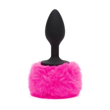 Butt Plug with Pink Fur Tail Small featuring a smooth black plug and bright pink fur, ideal for beginners seeking a playful toy.