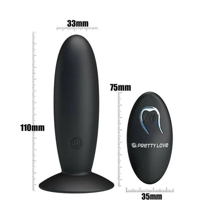 Butt Plug with Remote Control Black, silicone material, adjustable vibration functions, rechargeable, dimensions shown in mm