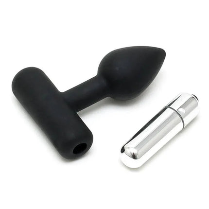 Butt Plug with Vibrating Bullet Black 100% silicone anal toy and discreet bullet for enhanced stimulation.