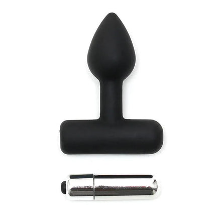 Butt Plug with Vibrating Bullet Black silicone anal toy with detachable silver bullet