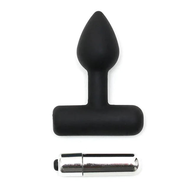 Butt Plug with Vibrating Bullet Black silicone anal toy with detachable silver bullet