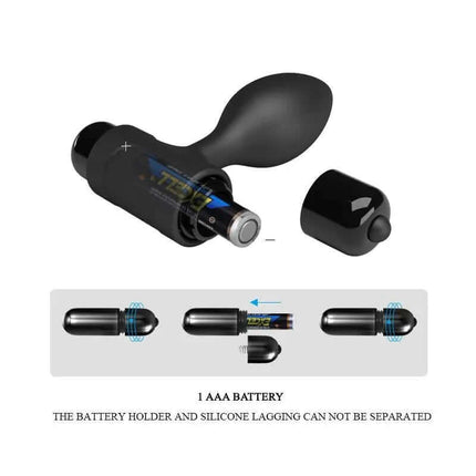 Butt Plug With Vibration Silcione featuring a premium silicone design with a built-in bullet, showcasing battery compartment and assembly details.