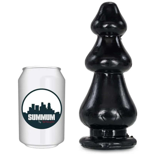 Butt Plug Woody 18 cm vinyl anal plug next to can for size comparison, featuring three-step progressive design for experienced users.