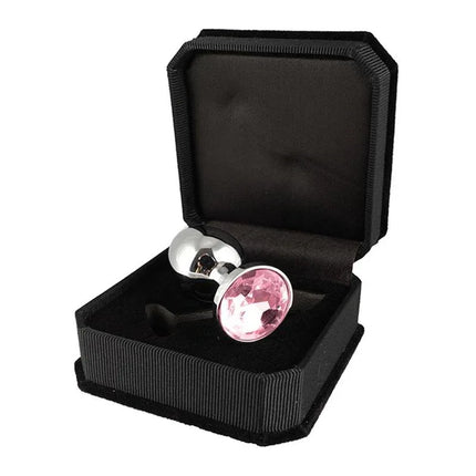 Butt Plug XS with cristal 5.7 cm in black box with pink crystal accent for elegant intimate play.