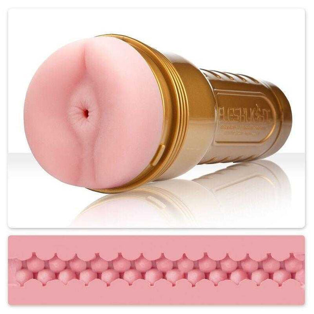 Butt Stamina Training Masturbator Anus with pink orifice and gold case for enhanced solo experience.