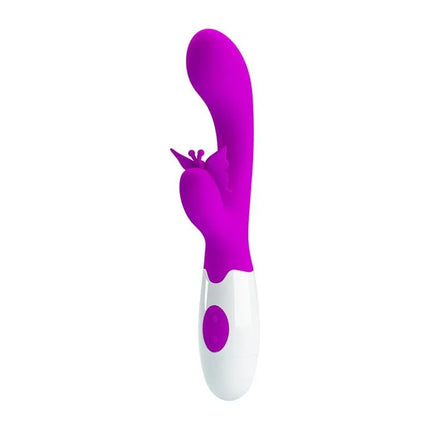 Butterfly Kiss Vibe in purple, dual-motor vibrator for clitoral and vaginal pleasure with dancing butterfly clitoral stimulator.