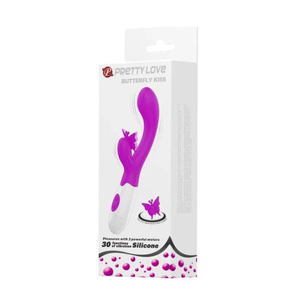 Butterfly Kiss Vibe purple vibrator in box with 30 vibration modes and dual motors for enhanced pleasure.