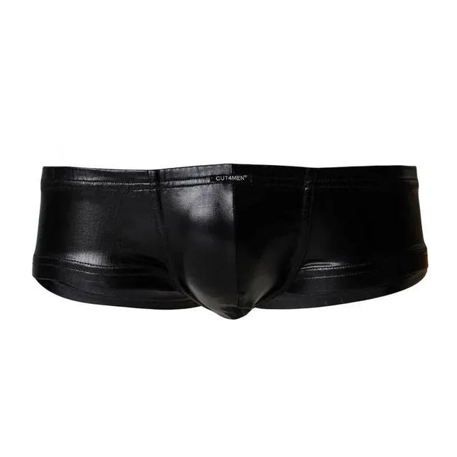 C4M Booty Shorts Leatherette Black by CUT4MEN in sleek style, made of 93% Polyester and 7% Elastane for comfort and stretch.