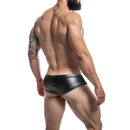 Back view of model wearing C4M Booty Shorts Leatherette Black showcasing sleek fit and leatherette finish.