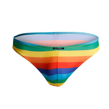 C4M01 Low Rise Bikini Brief Rainbow by CUT4MEN, vibrant rainbow design, contemporary men's underwear, comfortable for everyday wear.
