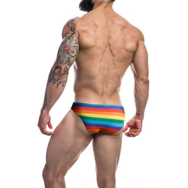 Model wearing C4M01 Low Rise Bikini Brief Rainbow from CUT4MEN, showcasing colorful design for style and comfort.