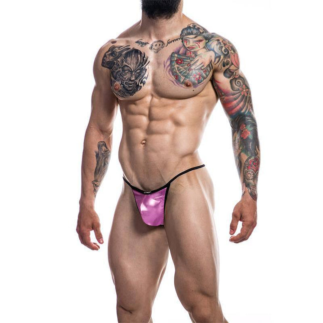 Model wearing C4M02 G-String Pink Skai, showcasing bold and modern design for men, made from 93% Polyester and 7% Elastane.