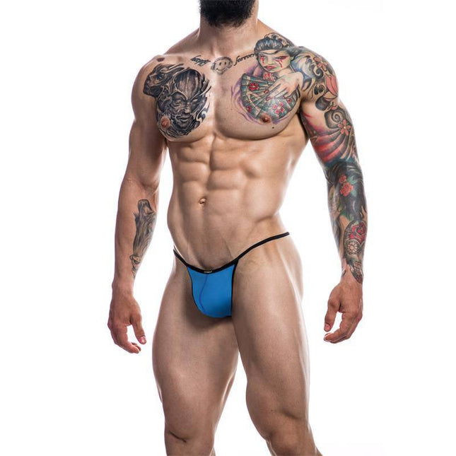 C4M02 G-String Royal BlueOTS featuring modern provocative design with flexible comfort for men, showcased in tattooed model