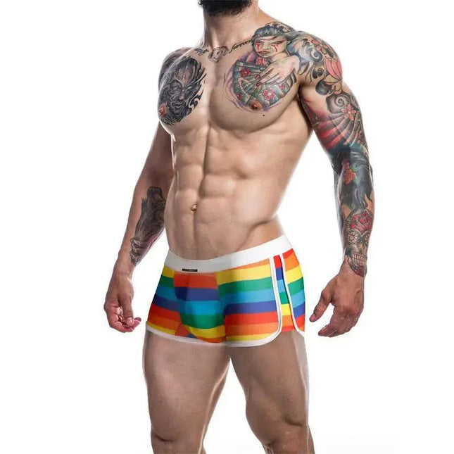 C4M06 Athletic Trunk Rainbow showcasing ergonomic design and vibrant colors on model, ideal for active men seeking style and comfort.