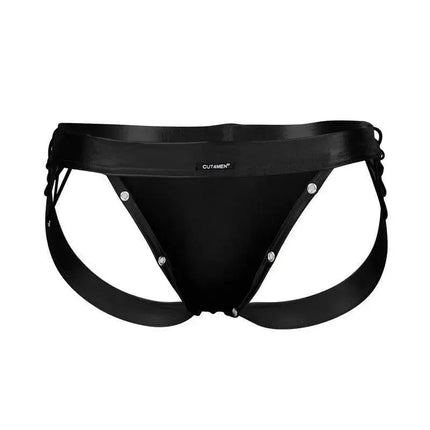 C4M14 Desire Jockstrap Blue Leatherette with open-back design and corset-style side straps, made by CUT4MEN for bold fashion-forward men